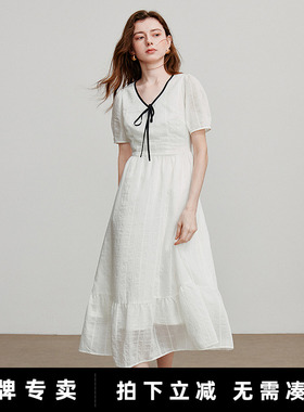 「Sale! 清仓特卖」初语TOYOUTH夏季收腰白色连衣裙女通勤长裙子