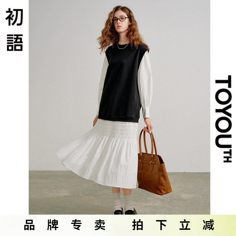 「New! 新品尝鲜」初语TOYOUTH拼接假两件气质显瘦长袖连衣裙长裙
