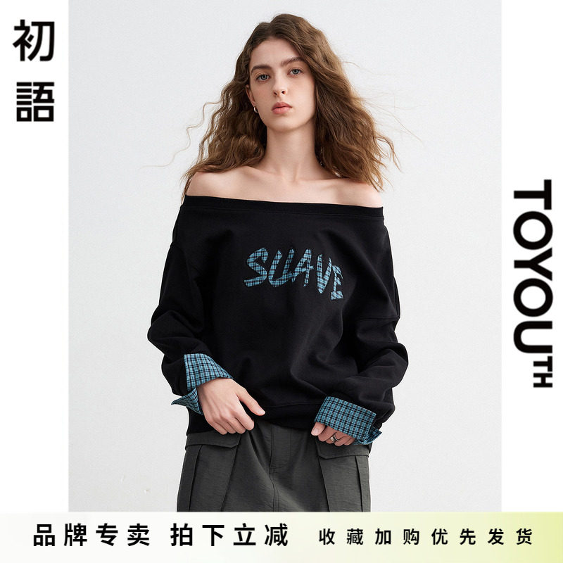 「New! 新品尝鲜」初语TOYOUTH宽松露肩设计字母短款长袖卫衣上衣