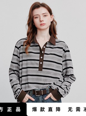 「Hot! 爆款直降」初语TOYOUTH复古条纹Polo领长袖T恤 宽松显瘦