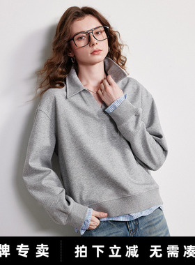 「New! 新品尝鲜」初语TOYOUTH花灰色拼接格纹假两件领卫衣上衣