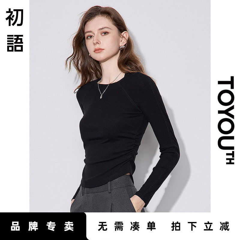 初语抽褶长袖T恤女春秋收腰显瘦修身内搭纯色打底衫早秋黑色上衣