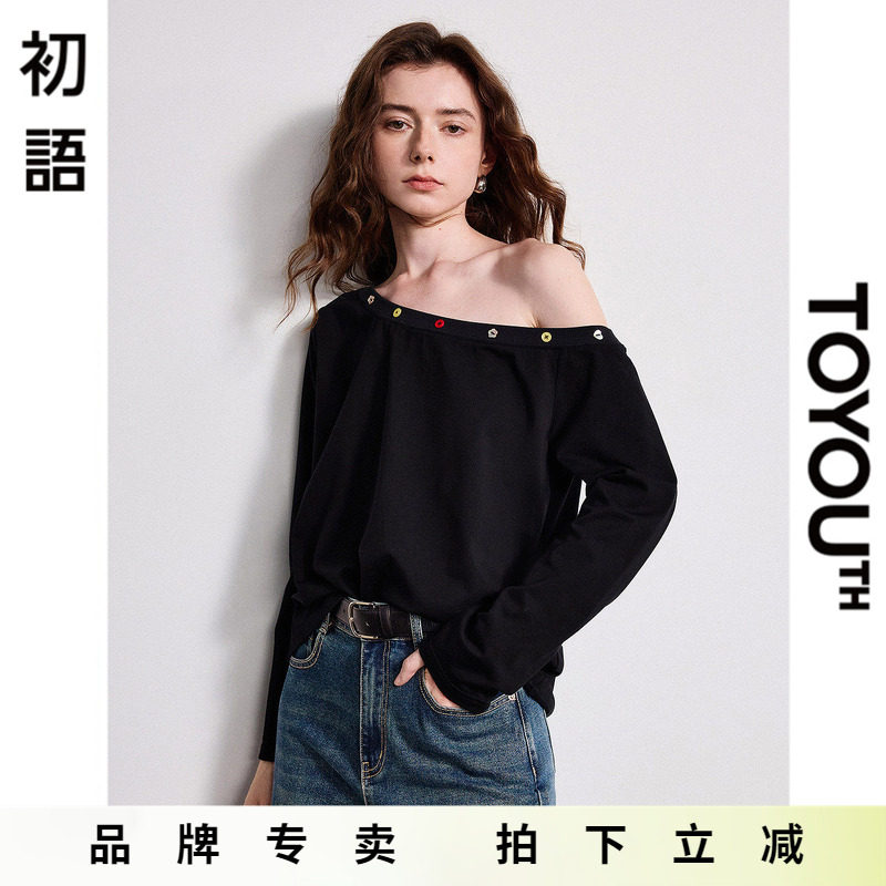「New! 新品尝鲜」初语TOYOUTH斜肩长袖T恤一字领露肩宽松上衣夏