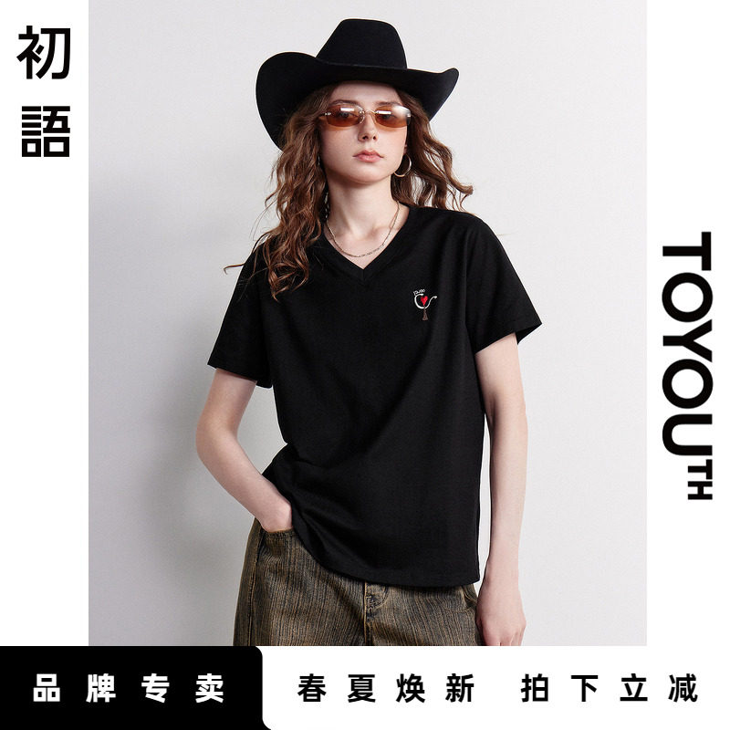 「New! 新品尝鲜」初语TOYOUTH黑色短袖女t恤纯棉夏季v领半袖体恤