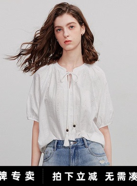 初语白色气质森系衬衫2025夏季新款女装纯棉绣花系带圆领宽松上衣