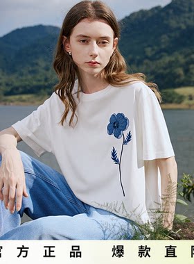 初语重工设计感白色短袖T恤女2025夏季新款牛仔贴布绣花艺上衣