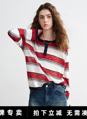 「New! 新品尝鲜」初语TOYOUTH运动条纹宽松圆领轻薄长袖针织衫