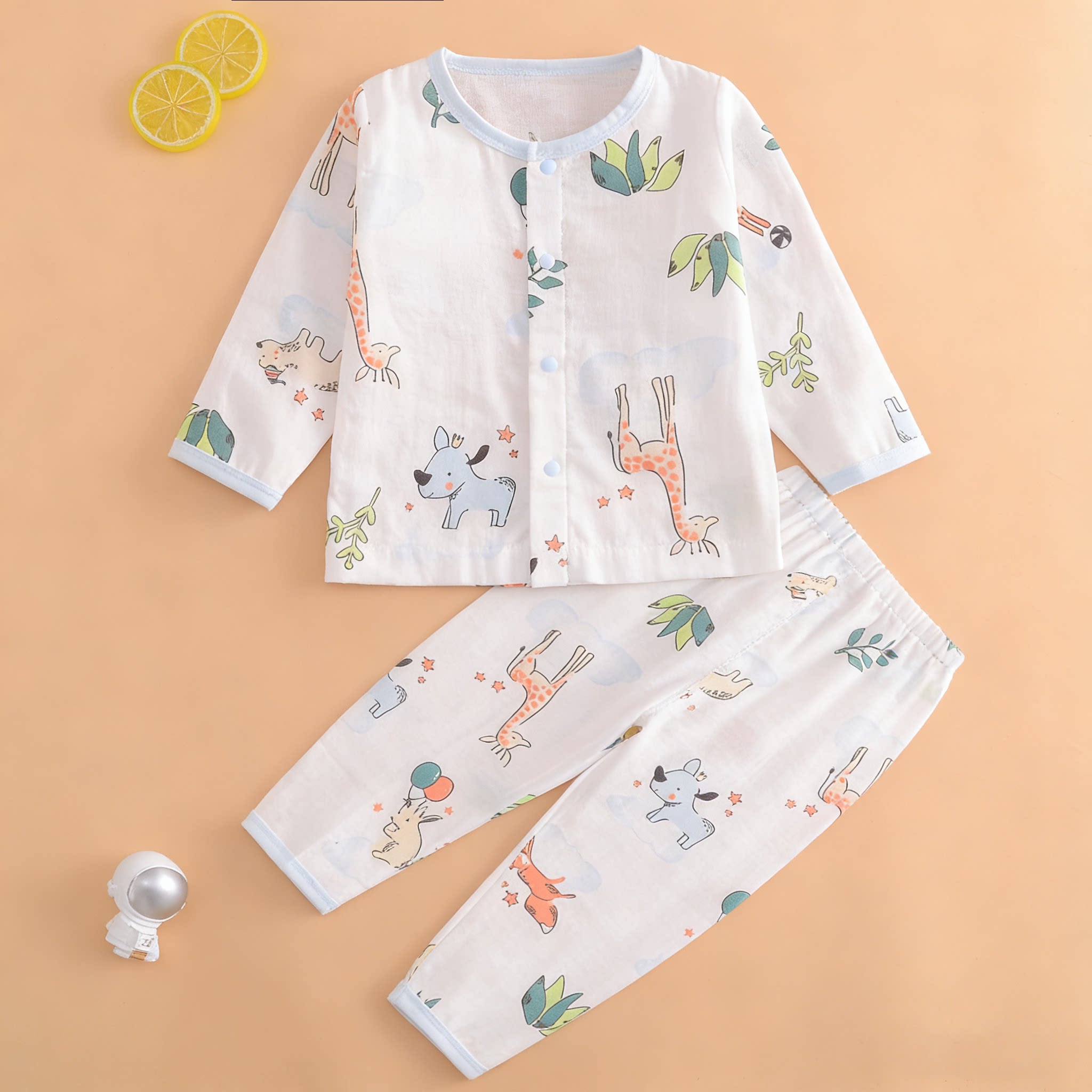 哈咪奇夏季宝宝纱布纯棉长袖开衫套装儿童薄款空调服两件套睡衣裤