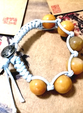 貔貅阁珠宝 原野 天然黄玉水晶大珠手作简朴棉绳编织手链