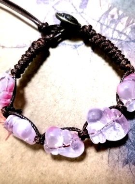 貔貅阁珠宝 原野 酷似粉碧玺的古法琉璃粉小兔冰润手链