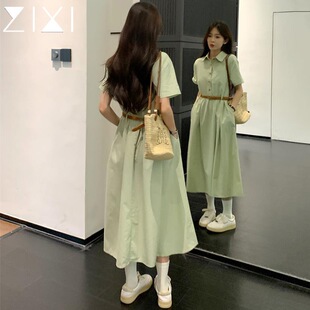 绿色连衣裙夏季大码polo通勤女长裙工装裙子a字收腰小个子衬衫裙