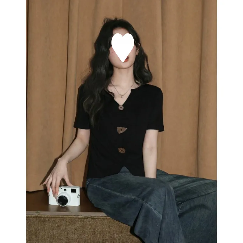 黑色V领短袖T恤女春夏季2026新款不规则开叉显瘦正肩体恤短款上衣