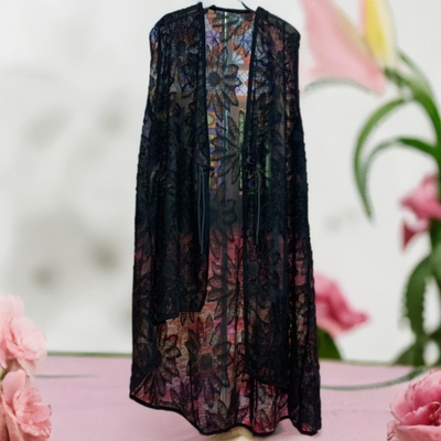 2024年早秋国风中长款开衫外搭上衣女无袖提花盘扣新中式网纱长衫