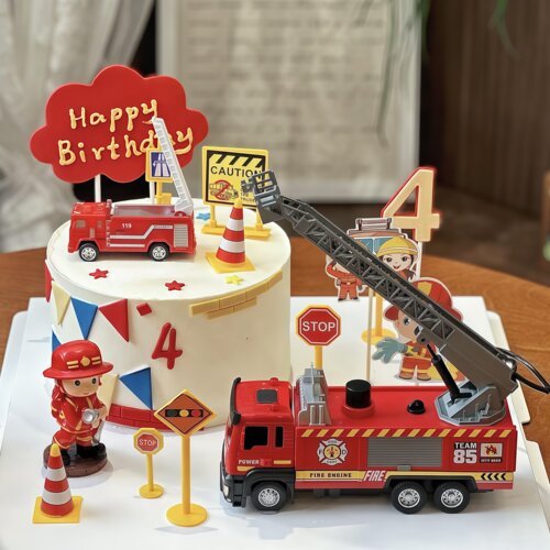 消防主题蛋糕装饰灭火云梯车消防车消防员儿童生日甜品装扮摆件