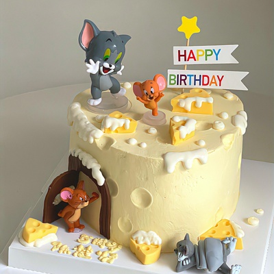 猫和老鼠蛋糕装饰汤姆杰瑞奶酪星星happy插牌生日派对装扮摆件