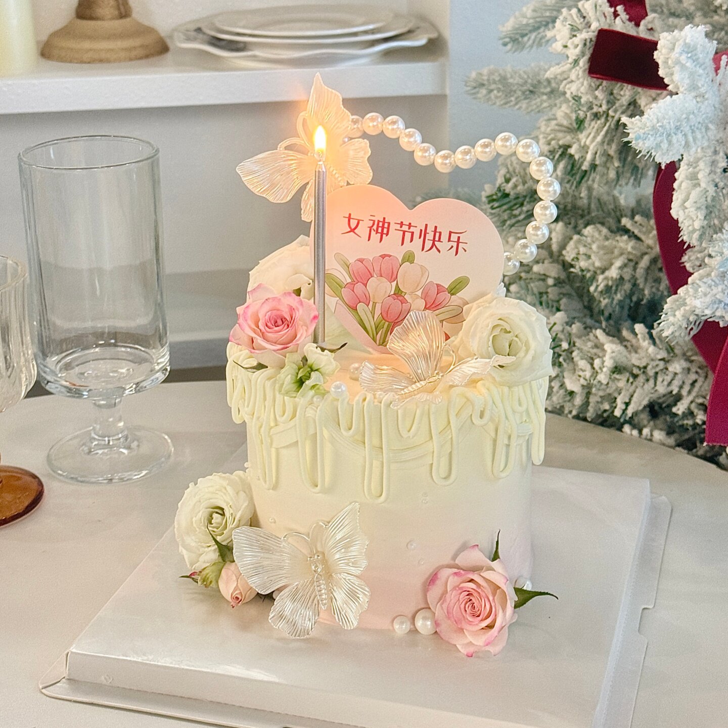 38女神节快乐郁金香卡片蛋糕装饰插牌三八女王节珍珠爱心蝴蝶插件