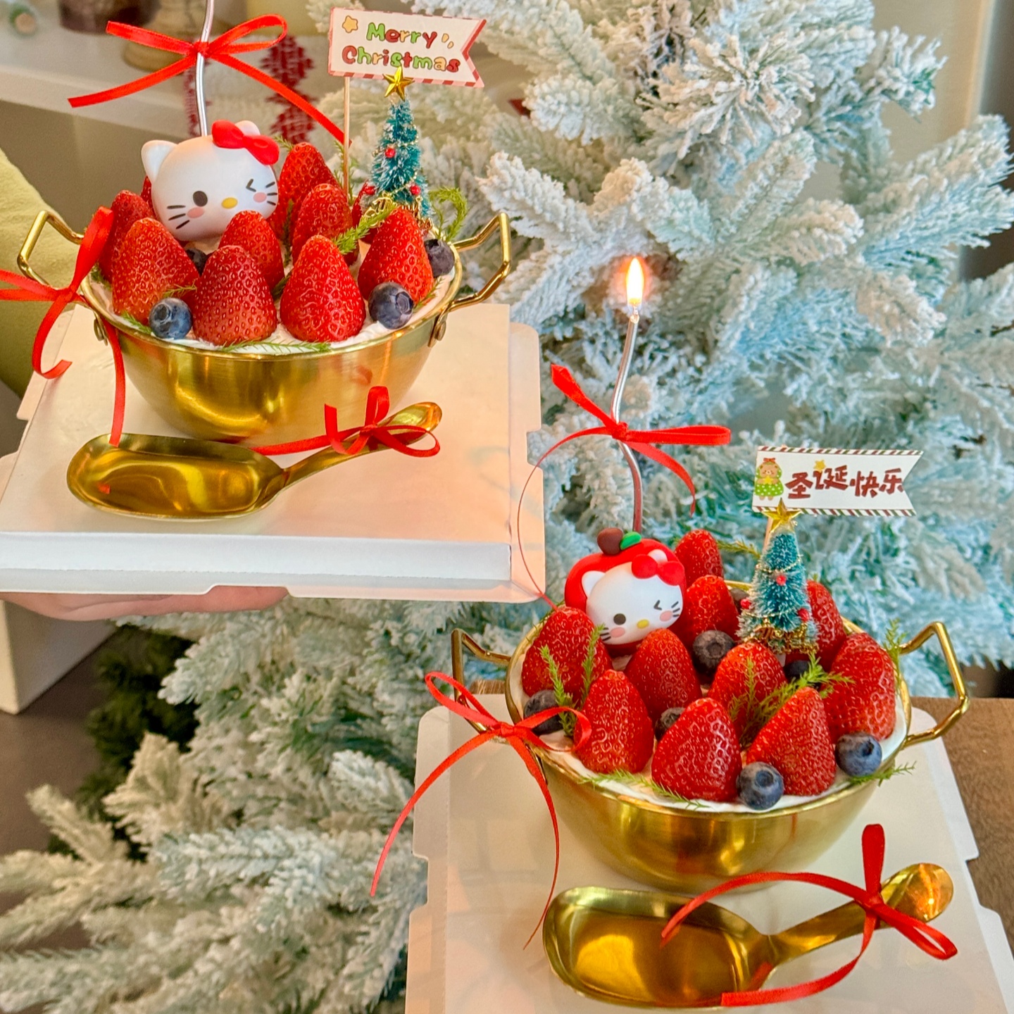 2026圣诞节新年金色草莓碗kt猫蛋糕装饰草莓蛋糕盆不锈钢甜品碗
