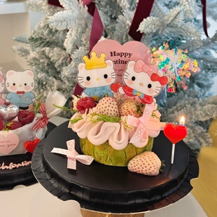 网红2.14情人节情侣kt猫亚克力蛋糕装饰摆件爱心卡片蜡烛烘焙插件