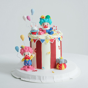 马戏团软胶小丑蛋糕装饰魔法帽兔子小象球儿童彩旗烘焙装扮插件