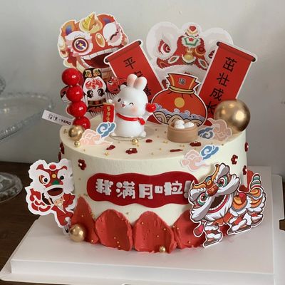 国潮风兔宝宝百天满月蛋糕装饰
