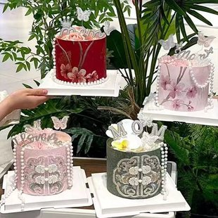 饰中式 母亲节蛋糕装 国风复古刺绣旗袍扣围边珍珠蝴蝶mom插件插牌