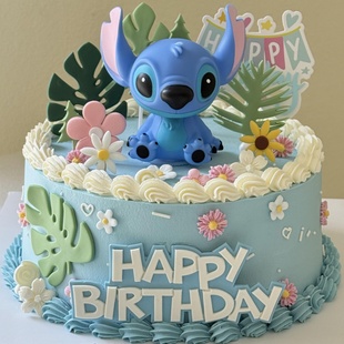 卡通坐姿史迪仔蛋糕装饰摆件软胶树叶蓝色方形拉旗儿童生日装扮