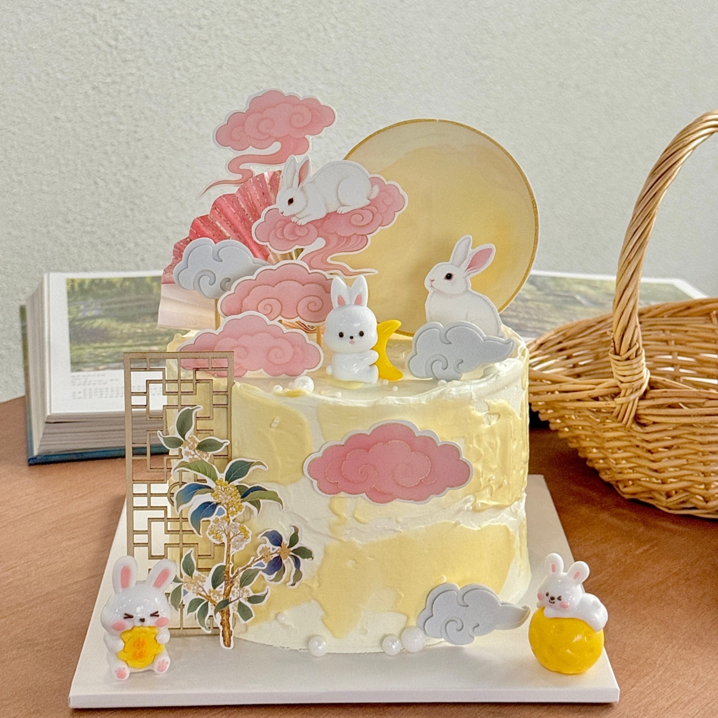2025中秋节月亮小兔子蛋糕装饰摆件中式玉兔祥云插牌烘焙装扮插件
