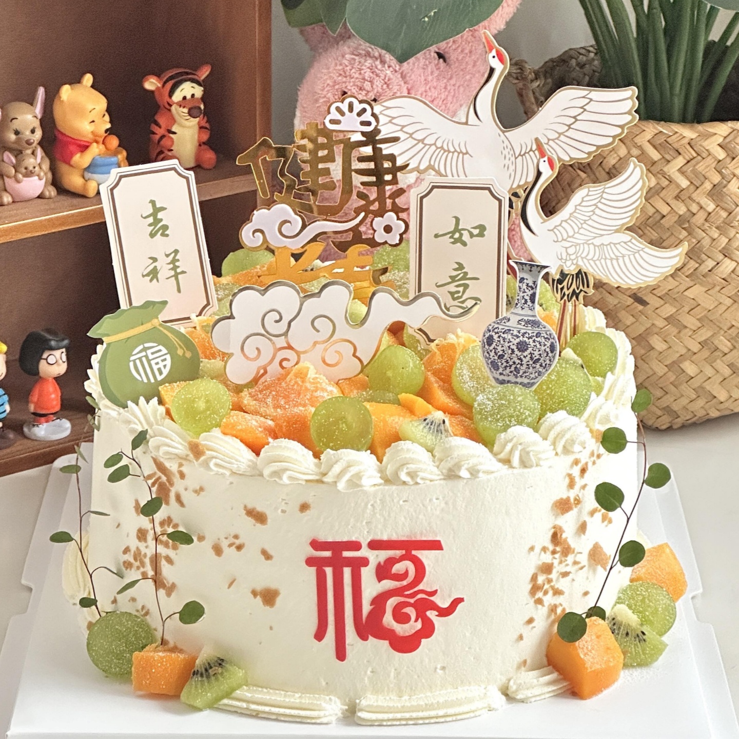 仙鹤祥云多喜乐蛋糕装饰健康长寿爷爷奶奶祝寿生日烘焙装扮插件