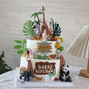 飾擺件長頸鹿大熊貓斑馬大象森系寶寶生日甜品臺插件 動物園蛋糕裝