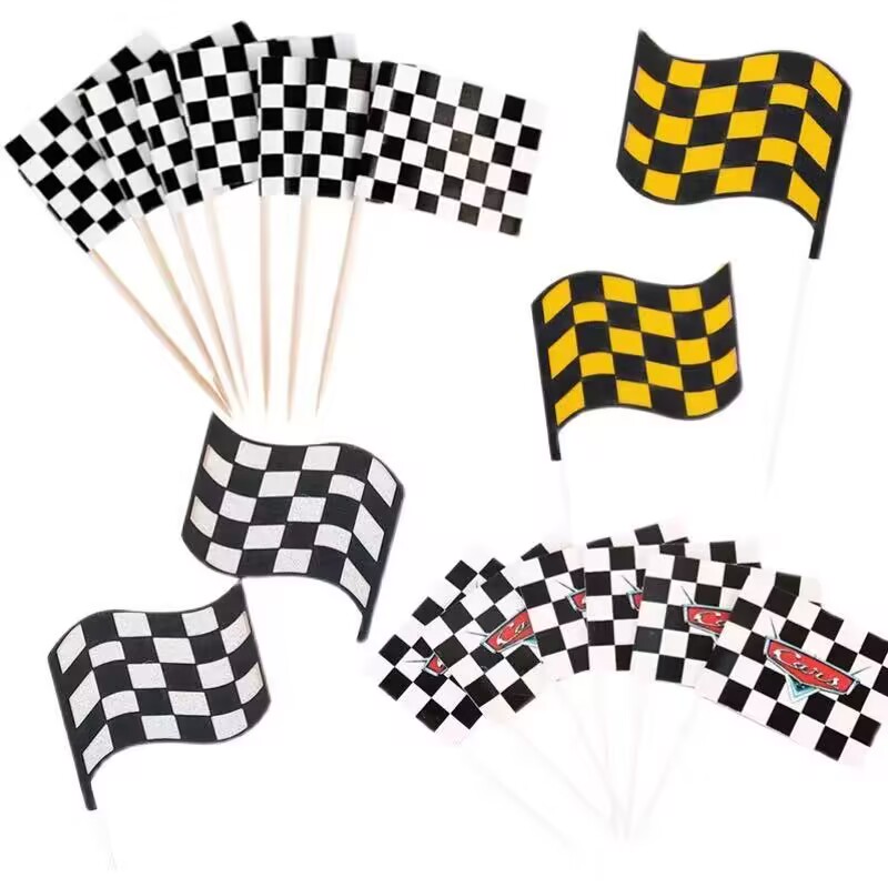 赛车蛋糕装饰插件黑白格赛车旗彩色旗跑车汽车旗子插牌烘焙装扮