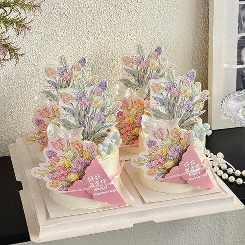 母亲节郁金香信封卡片蛋糕装饰妈妈我爱你鲜花贺卡甜品插牌插件