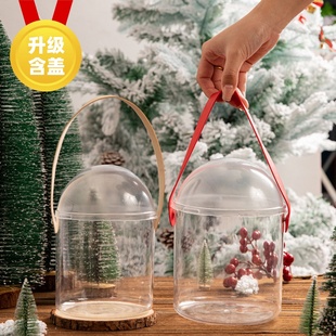 饰圣诞草莓奶油桶甜品台平安夜打包盒 2024圣诞节透明手提桶蛋糕装
