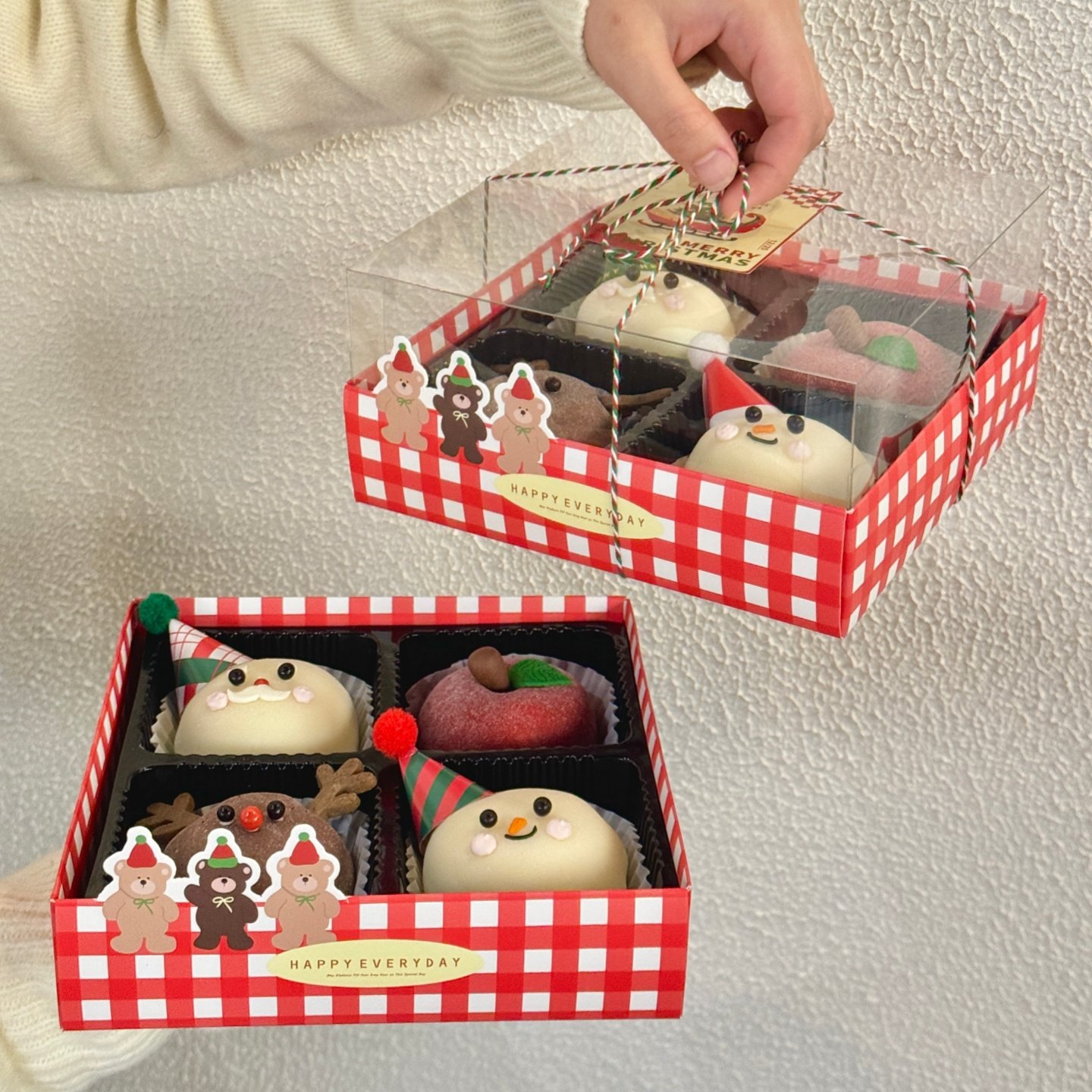 2025圣诞节蛋糕装饰小熊兔四拼手提包装盒卡通4宫格蛋糕盒打包盒