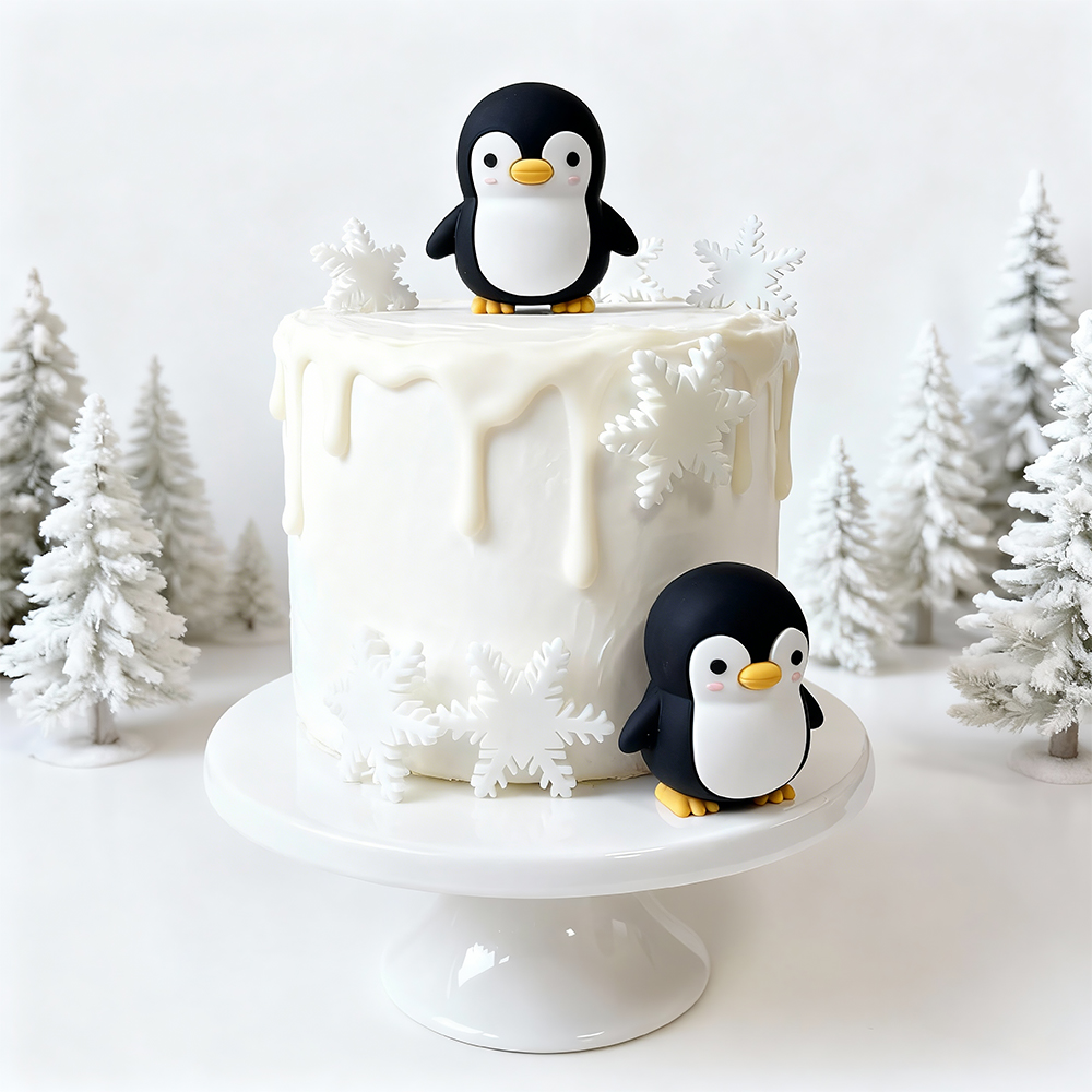 儿童生日蛋糕装饰南极软胶企鹅立体雪花宝宝周岁满月甜品装扮摆件
