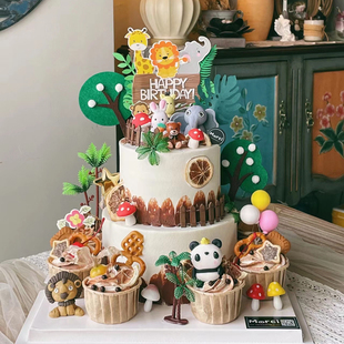 饰动物园熊猫长颈鹿狮子小兔子森林小动物生日插件插牌 烘焙蛋糕装