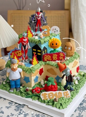 儿童卡通超人蛋糕装饰植物大战僵尸摆件男孩女孩生日甜品烘焙装扮