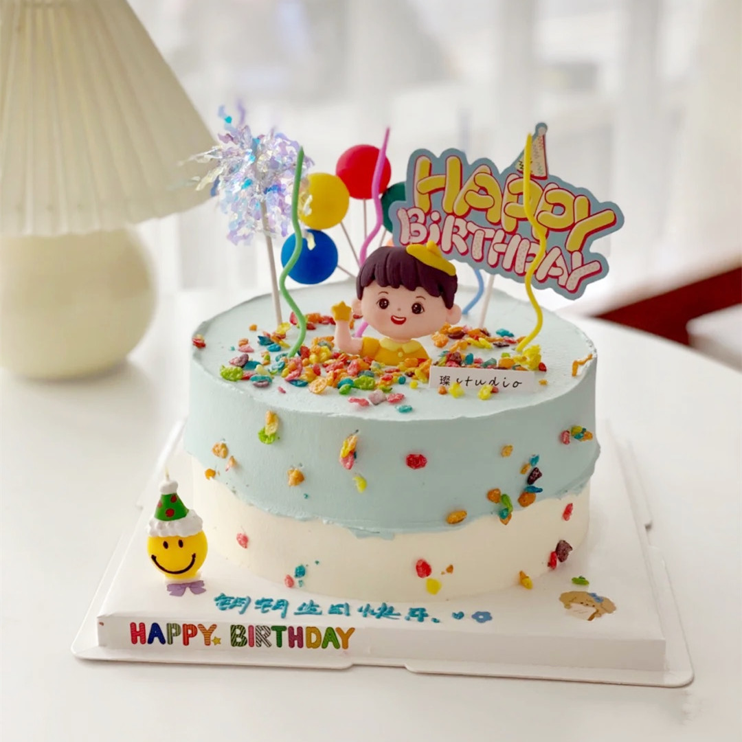 烘焙蛋糕装饰摆件儿童星星男孩女孩雨丝小熊生日笑脸蜡烛插牌插件