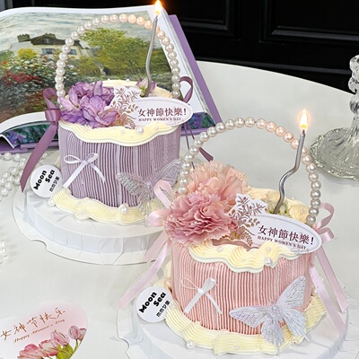 3.8女神节快乐卡片蛋糕装饰插牌女王节珍珠拱门白色透明蝴蝶摆件