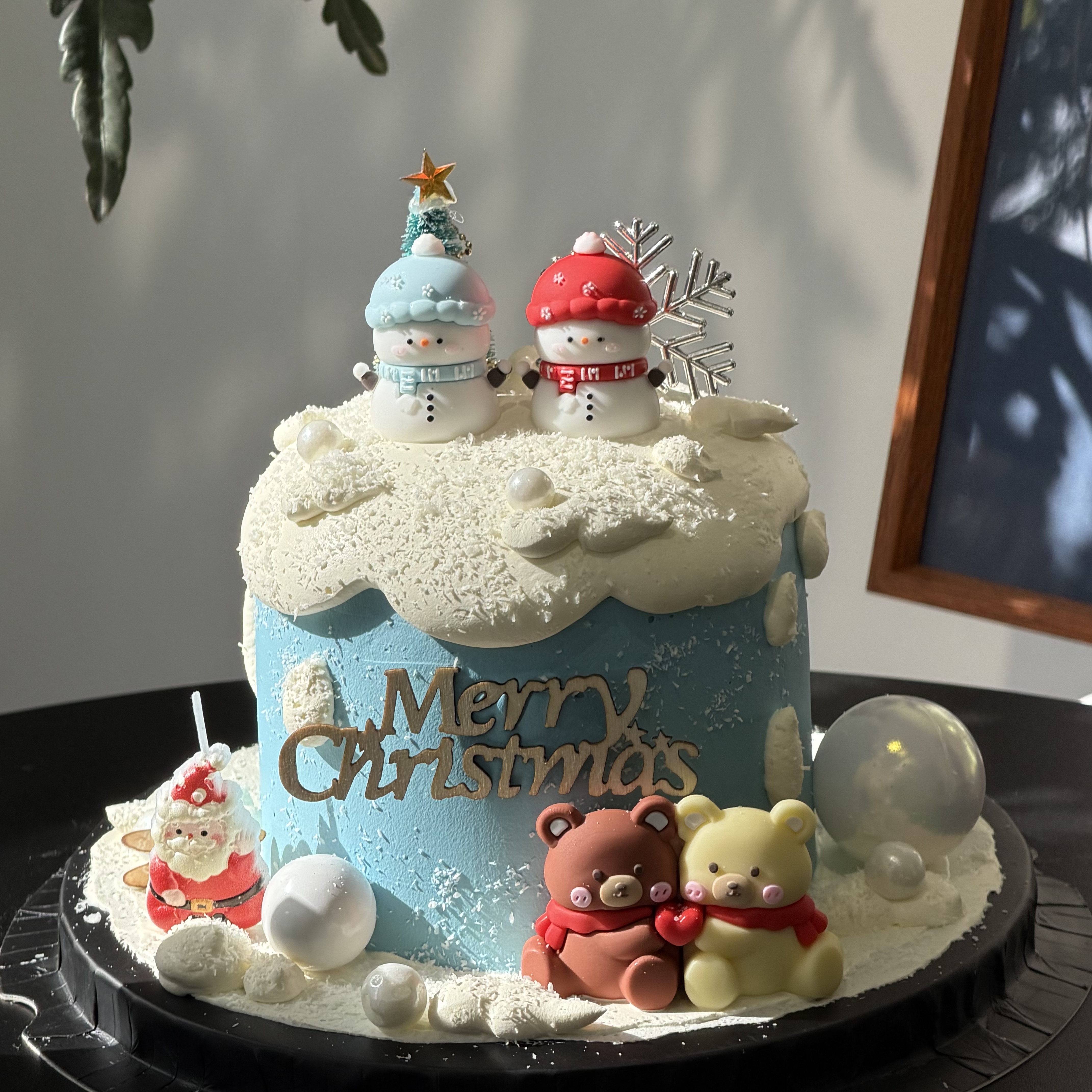 网红圣诞节快乐围巾小熊蛋糕装饰摆件圣诞老人雪人蜡烛烘焙摆件