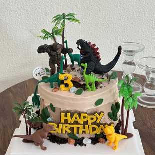 哥斯拉恐龙大战金刚蛋糕装饰摆件儿童男孩生日烘焙装扮椰子树插件