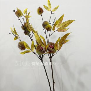 高仿真大枝板栗单支毛栗室内假树装饰造景长枝插花样板房装饰假花