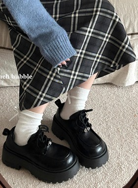 甜桃泡泡英伦风复古厚底小皮鞋女2025新款春季黑色增高百搭单鞋