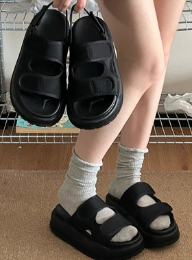 甜桃泡泡魔术贴厚底凉鞋女款2025新款夏季黑色休闲百搭沙滩罗马鞋