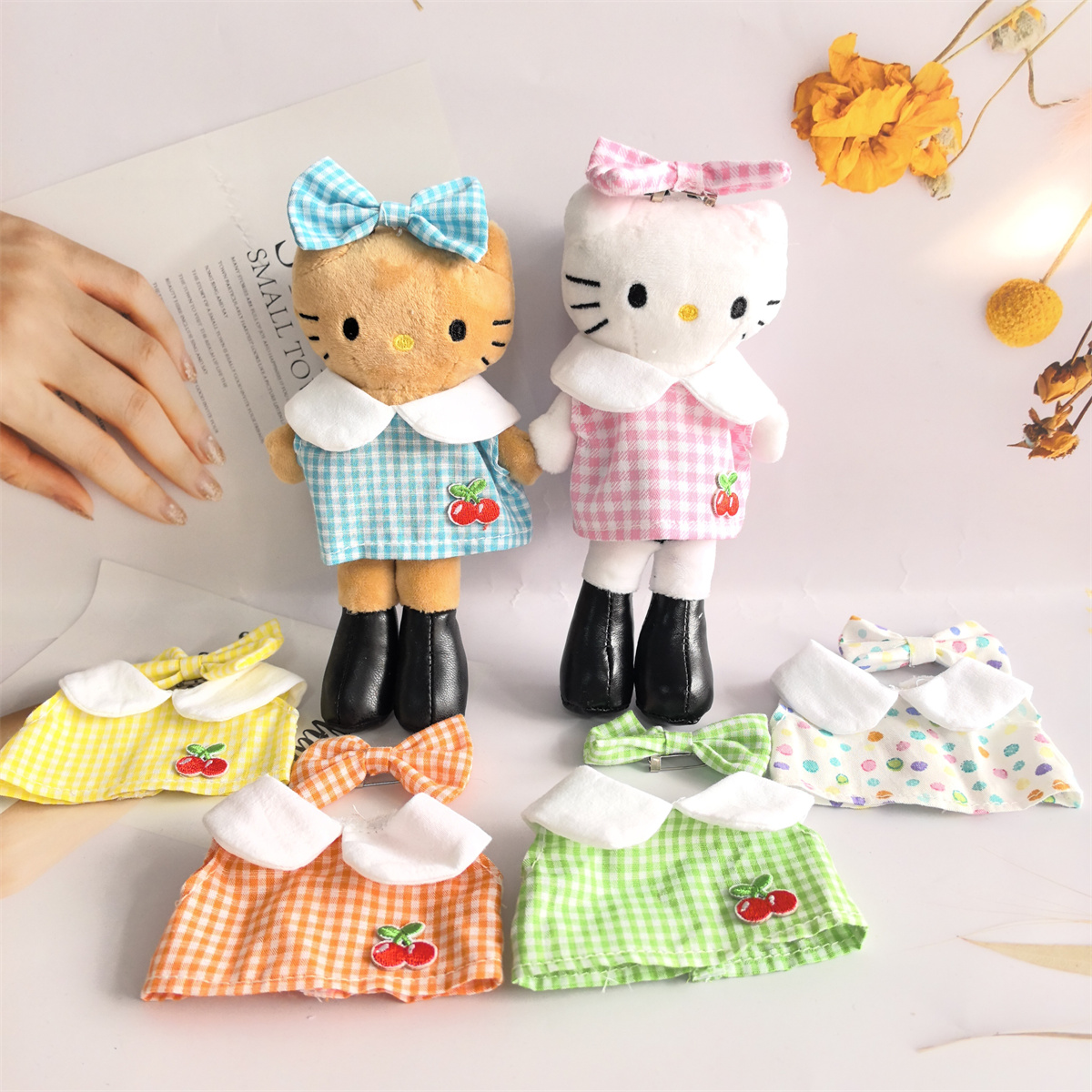 15cm长腿kt毛绒娃娃格子上衣发夹