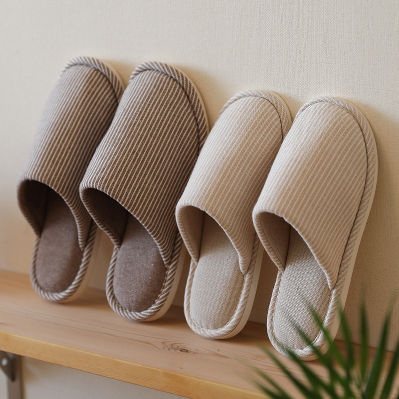 日式简约条纹居家静音情侣棉拖鞋