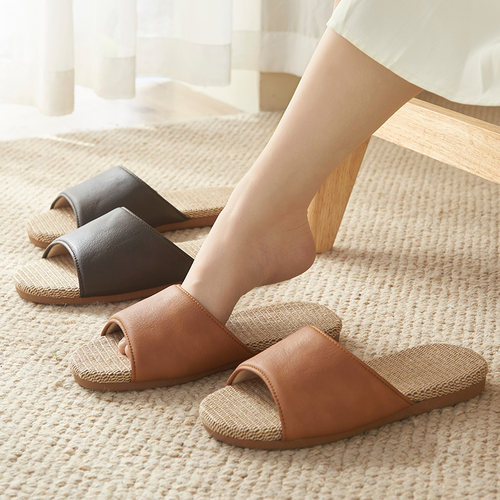 pu皮高端亚麻拖鞋牛筋底可外穿