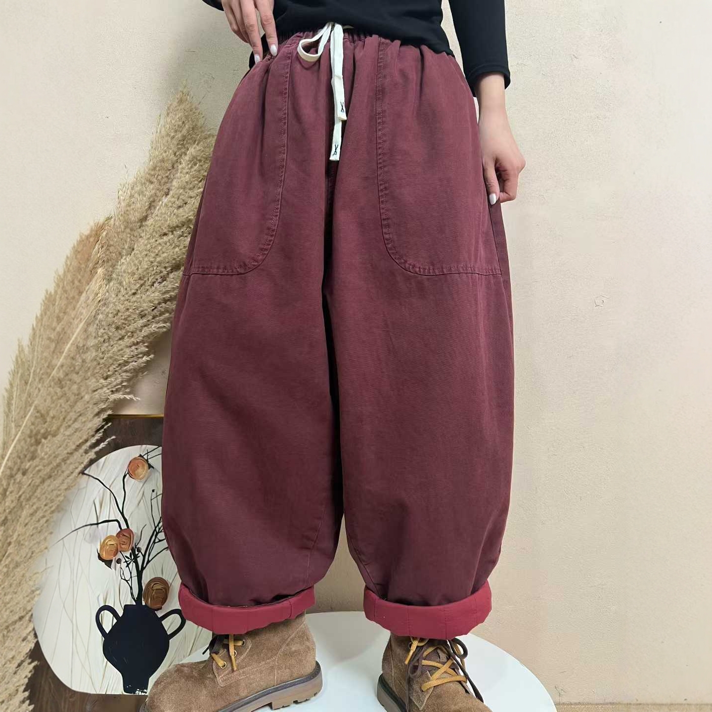 加厚夹棉大口袋外穿棉裤女款