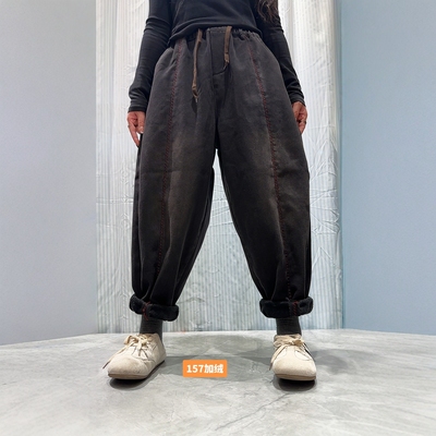 竖条做旧黑色加绒加厚牛仔裤女