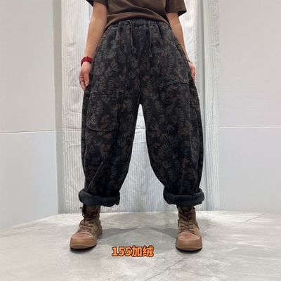 复古风加绒加厚印花牛仔裤