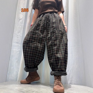 显瘦老爹裤 复古宽松大版 潮 女2025秋冬新款 格子印花加绒加厚牛仔裤